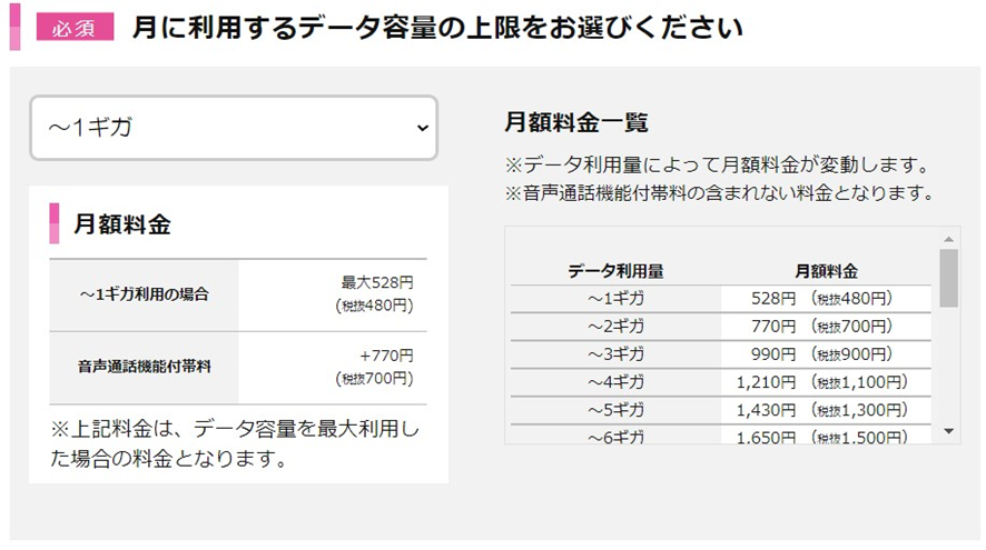 データ容量を選択