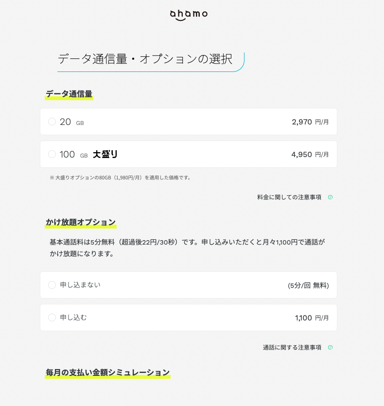ahamo公式ホームページのデータ通信量・オプション選択画面