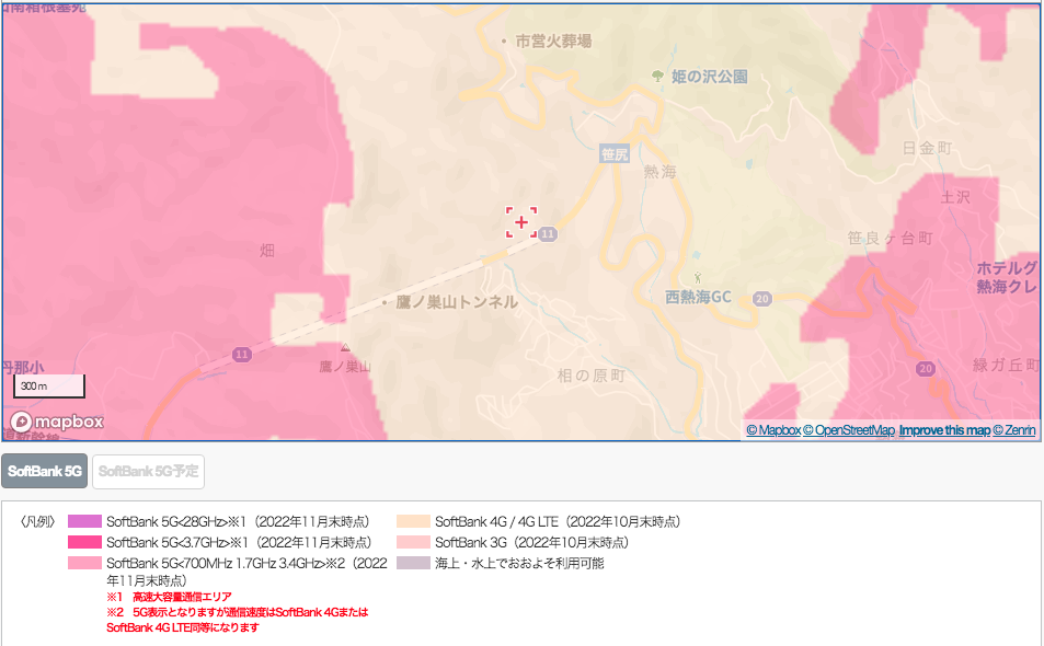 静岡県熱海市相の原付近のワイモバイルの電波状況