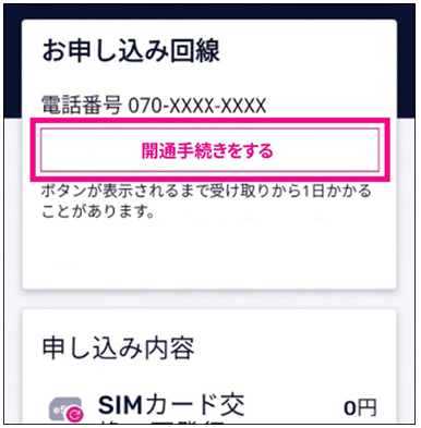 「開通手続きをする」ボタンを選択