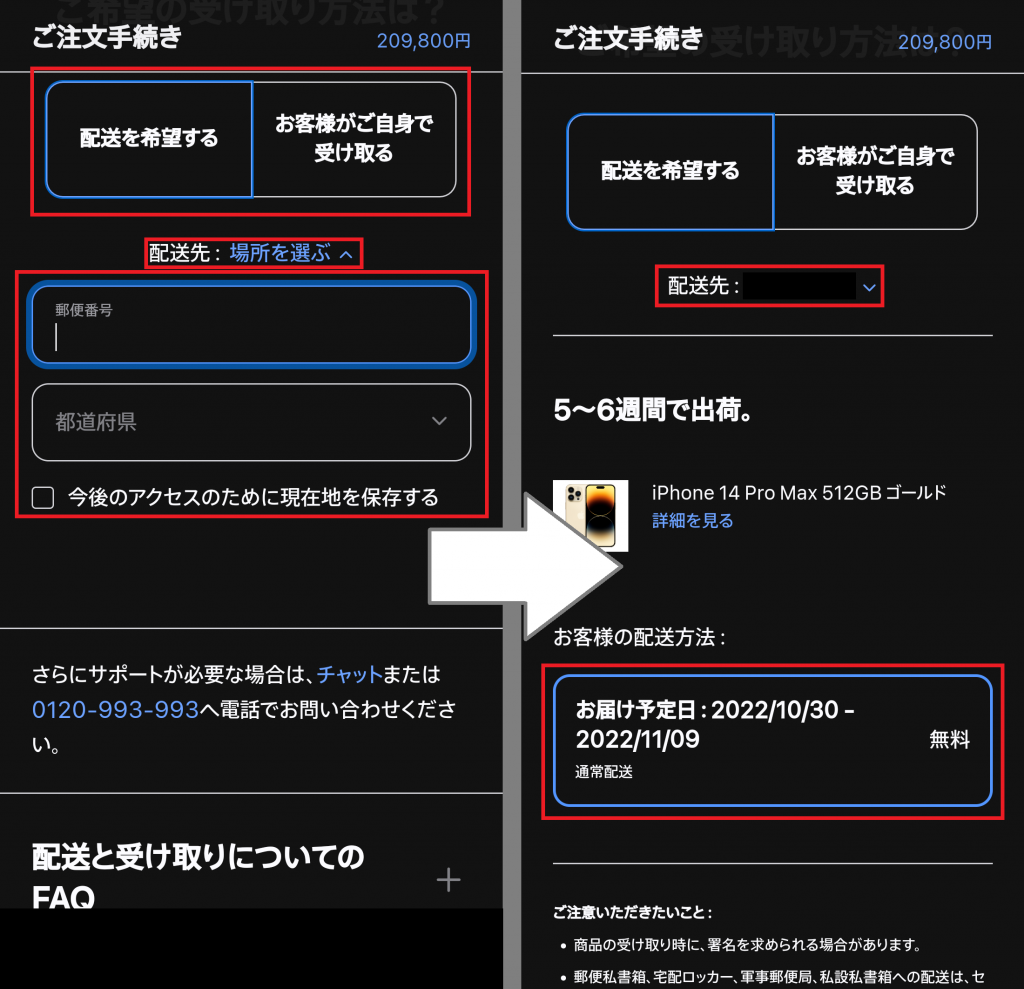 Apple Storeの受け取り方法選択画面