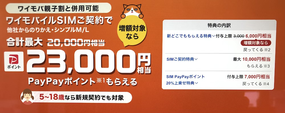 ワイモバイル最大23000円相当もらえる