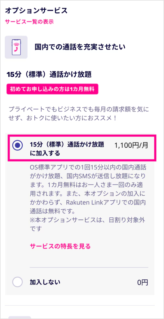 オプションサービスの選択画面