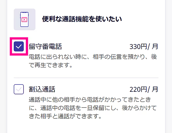 オプションサービスの選択画面