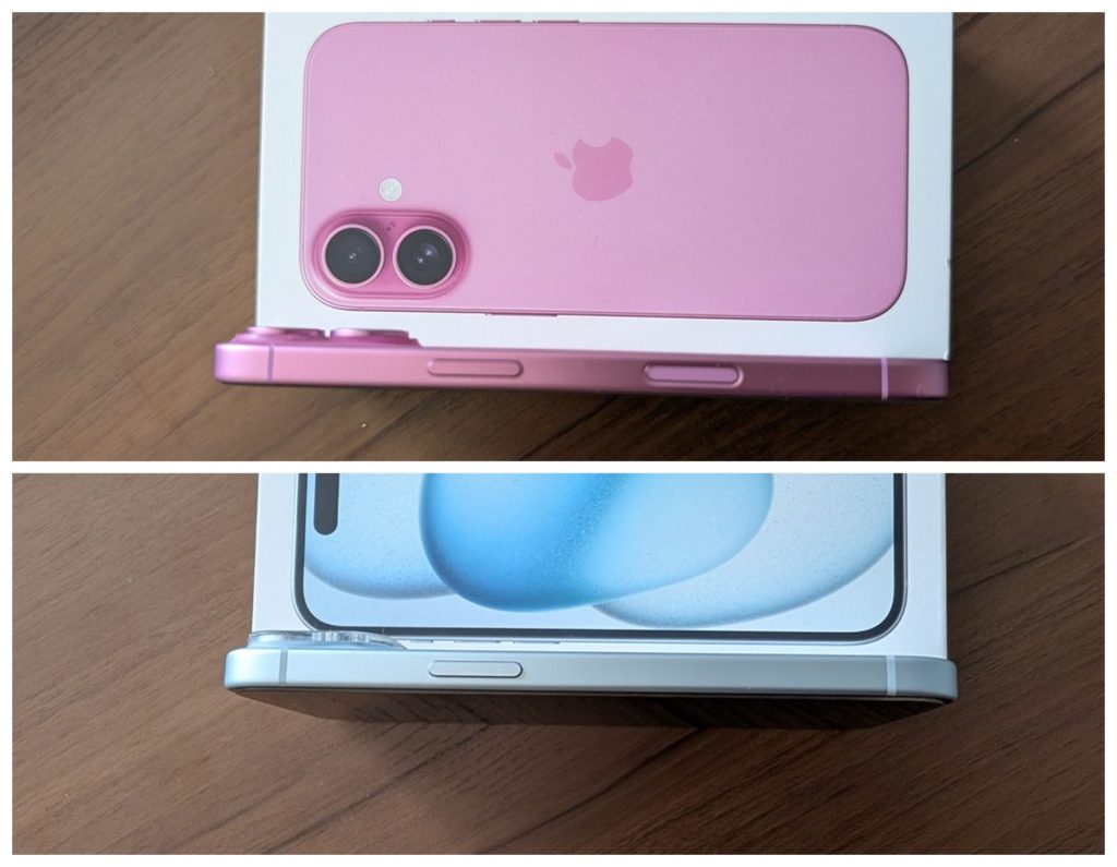 下（ブルー）iPhone15 / 上（ピンク）iPhone16　本体右側面