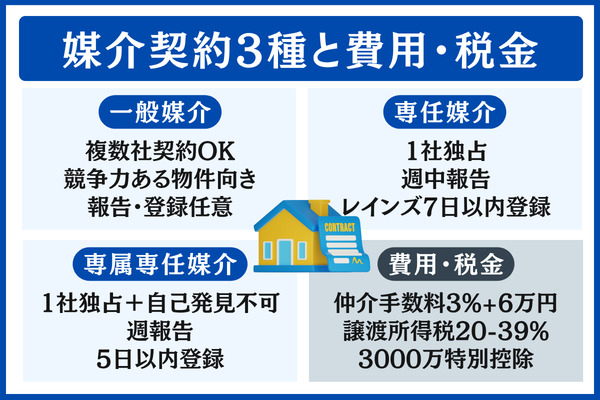 査定後の手続き|媒介契約3種の選び方と費用・税金の全体像