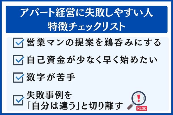 アパート経営に失敗しやすい人の特徴チェックリスト