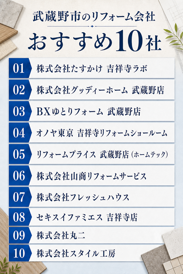 武蔵野市で施工実績を公表しているリフォーム会社おすすめ10社