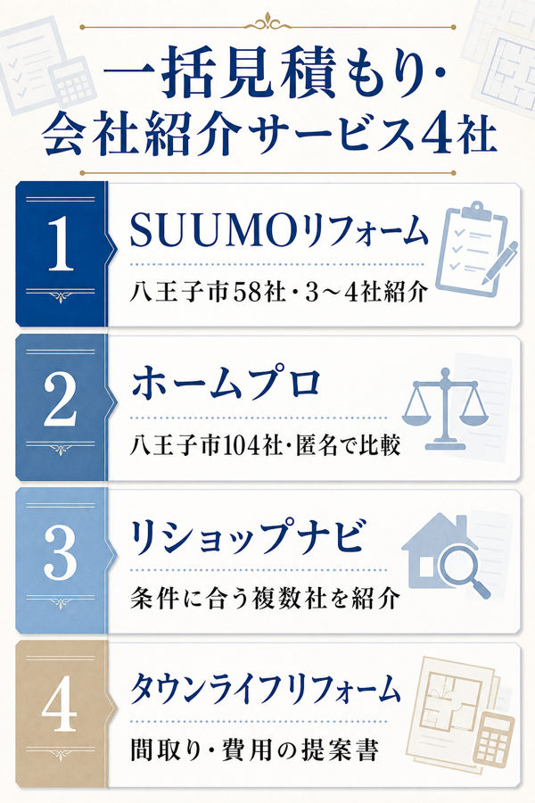 八王子市で使える一括見積もり・会社紹介サービス4社の紹介社数と使い分け