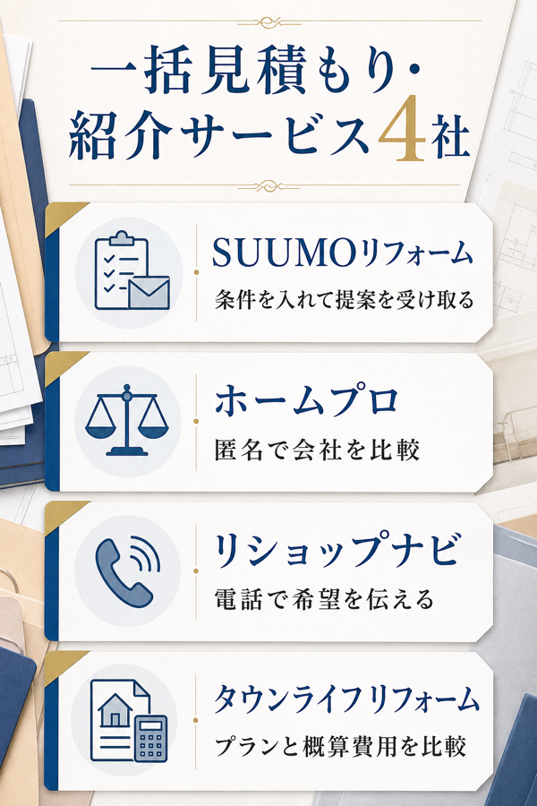 依頼先が絞れないときに使う一括見積もり・紹介サービス4社