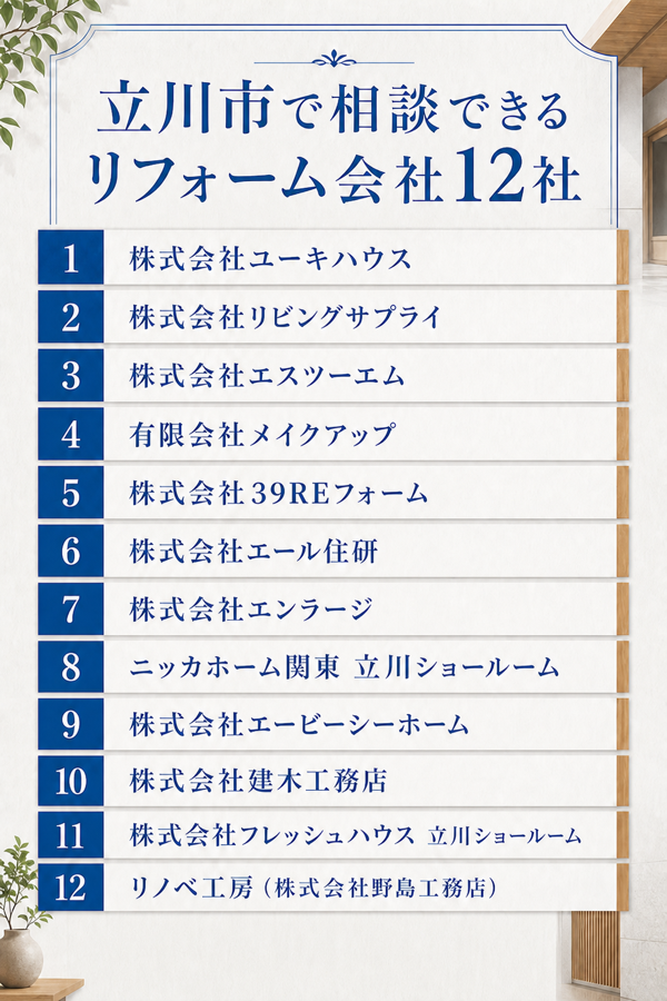 立川市で相談できるリフォーム会社12社の早見表