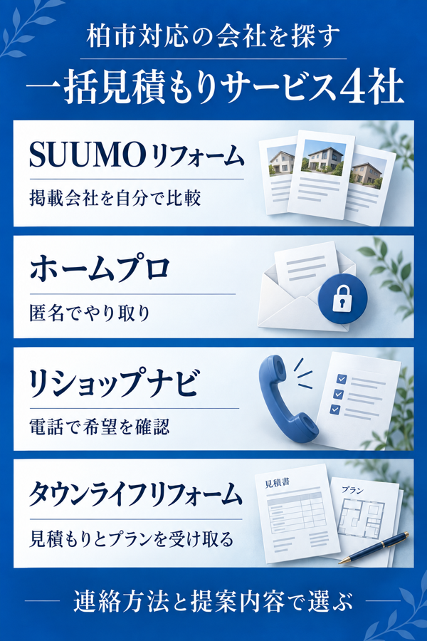 柏市対応の会社を一度に探せる一括見積もりサービス4社