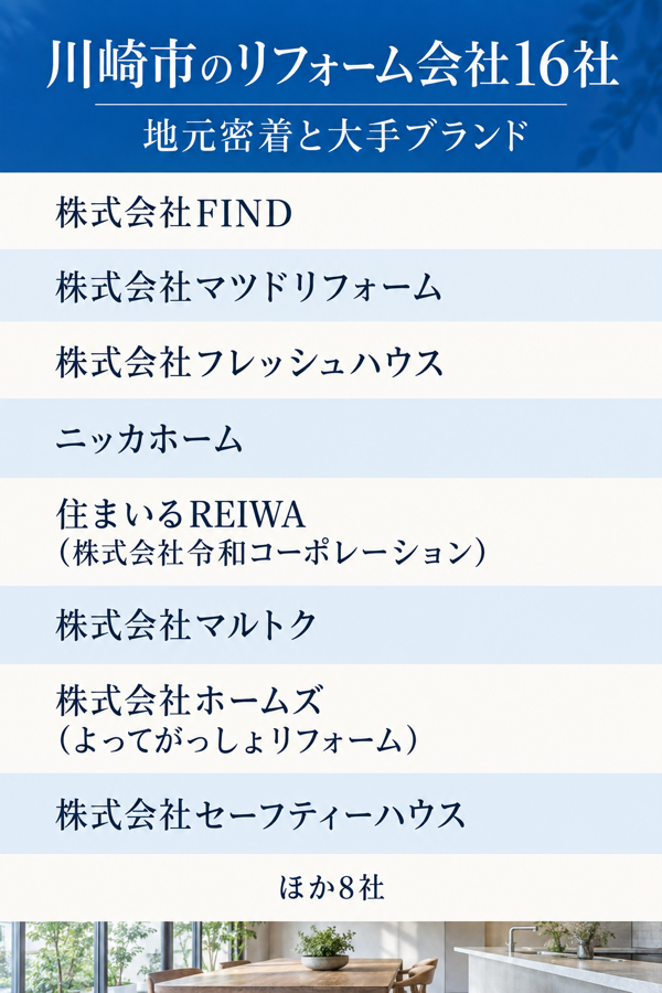 川崎市のリフォーム会社16社|地元密着と大手ブランド