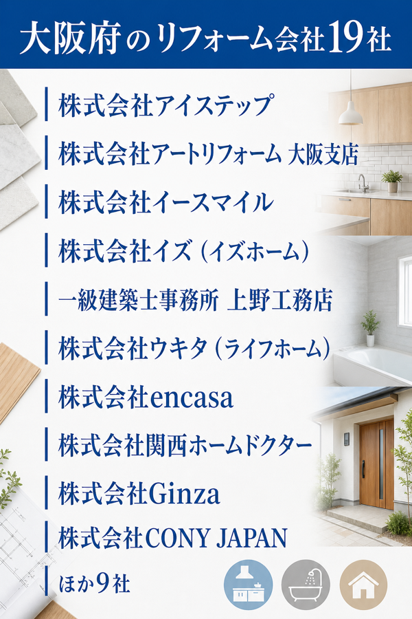 大阪府のリフォーム会社19社|所在地・対応エリア・得意な工事の早見表