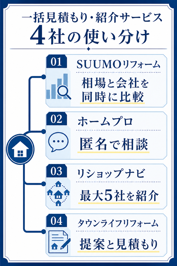 一括見積もり・紹介サービス4社の使い分け