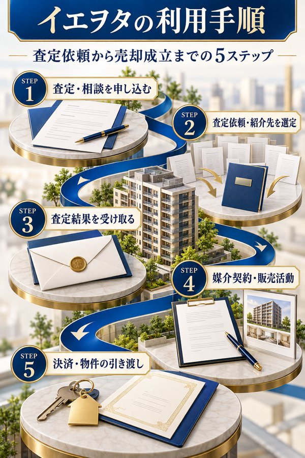 イエヲタの利用手順|査定依頼から売却成立までの5ステップ