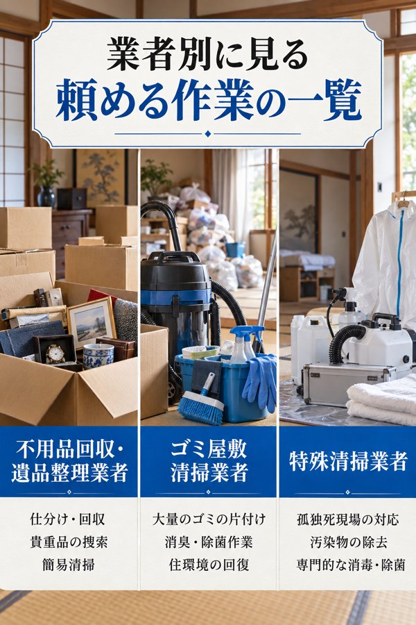 業者別に見る実家の片付けで頼める作業の一覧