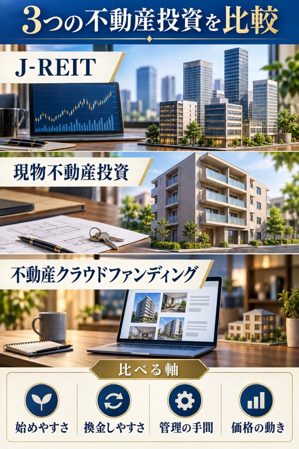 J-REIT・現物不動産投資・不動産クラウドファンディングの比較