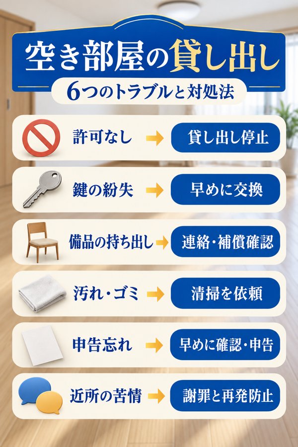 空き部屋の貸し出しで起こりやすい6つのトラブルと各対処法